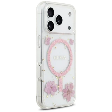 Etui Guess MagSafe do iPhone 17 Pro Resin Flowers Glitter Pink