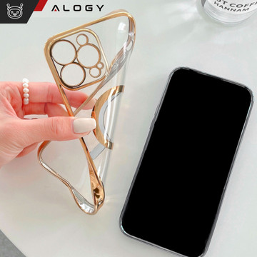 MagSafe Hülle für Apple iPhone 14 Pro Max Alogy Glamour Luxus Ringgehäuse Goldenes transparentes Glas