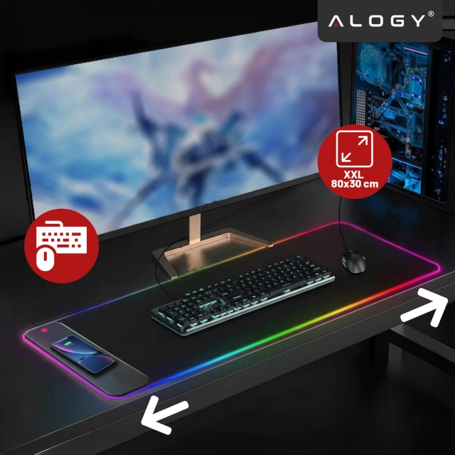Килимок для столу Alogy QiGlow Pro з RGB-світлодіодним підсвічуванням для миші, клавіатури та зарядного пристрою Qi для телефонів. Захисний протиковзкий ігровий килимок XL 80x30 см, чорний.