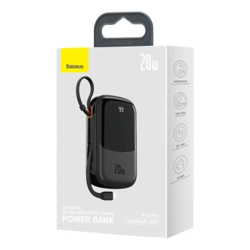 Powerbanka s rychlým nabíjením Baseus Qpow Digital Display 20000mAh 20W QC/PD/SCP/FCP s vestavěným Lightning kabelem černá