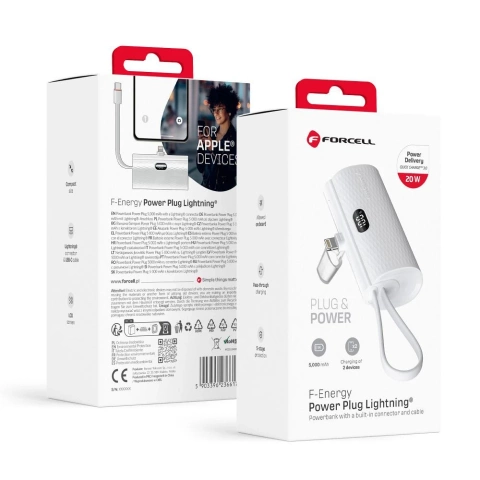 FORCELL F-ENERGY Power Plug F5K3 Powerbank z Wbudowanym Złączem Lightning PD 20W 5000 mAh Biały