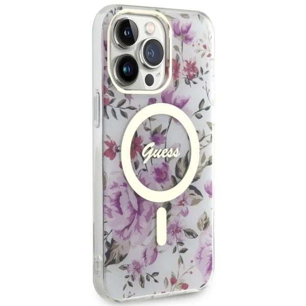 Držák telefonu Guess GUHMP14LHCFWST pro Apple iPhone 14 Pro 6,1" průhledný pevný obal Flower MagSafe