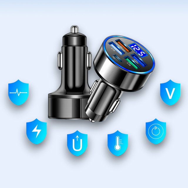 Car charger 4x USB QC 3.0 USB C PD 20W LED fast powerful 250W for Alogy Car phone black