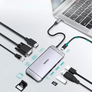 Choetech 9in1 multifunktionaler USB Typ C HUB - 3x USB 3.2 Gen 1 / SD- und TF-Kartenleser / HDMI 4K 30Hz / VGA Full HD 60Hz / USB Typ C / RJ45 grau (HUB-M15 grau)