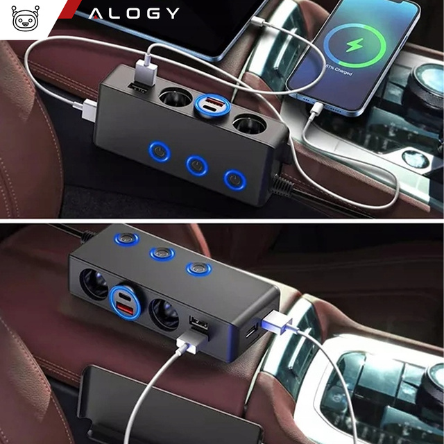 Cigarette lighter socket splitter x3 car 4x USB QC 12-24V Charger Adapter switch 120W Alogy Black