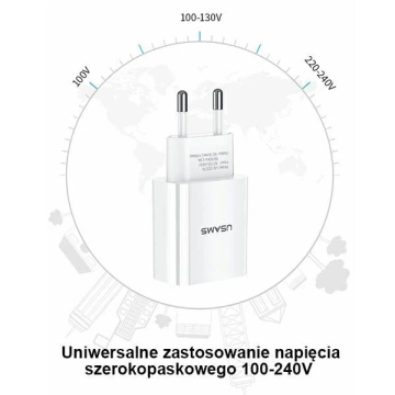 USAMS Nástenná nabíjačka 1x USB T18 2.1A (iba hlava) biela/biela Rýchle nabíjanie CC075TC01
