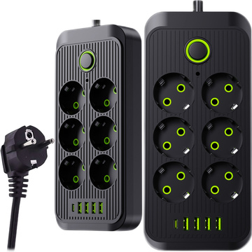 Подовжувач Подовжувач 6 розеток AC EU розетки 4x USB USB-C тип C розетки 2500 Вт чорний