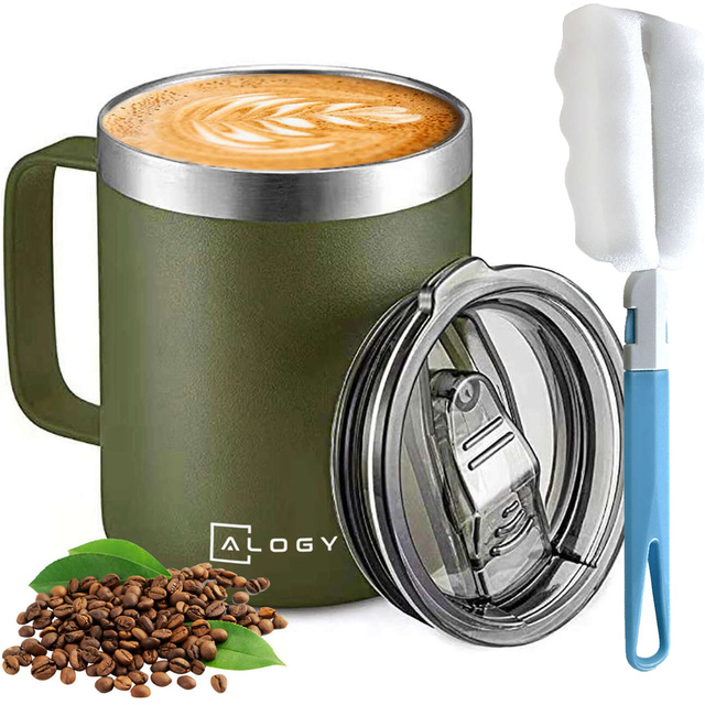 Thermal mug 420ml with handle lid for coffee, tea, steel, cold and hot drinks Alogy Green Washing brush