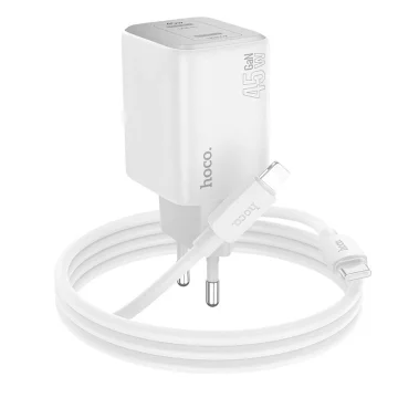 Ładowarka sieciowa HOCO 2 x Typ C + kabel Typ C do Lightning PD QC 45W GaN Biała
