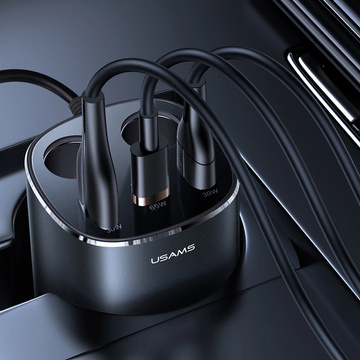 USAMS rozbočovač zásuvky do zapalovače nabíječka do auta 2x USB 1x USB-C 245W šedá