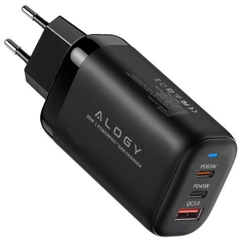 Компактний настінний зарядний пристрій Alogy GaNCharge 3 в 1 швидка зарядка GaN3 65W USB-A 30W 2x USB-C 65W Black