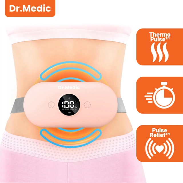 Pas Grzejący z Masażerem na okres i plecy - przeciwbólowy, ciepło + wibracje, 6 poziomów intensywności, akumulator 1800 mAh - Dr.Medic ThermoPulse™ Różowy