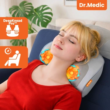 Poduszka masująca elektryczna na szyję i kark – masażer z pilotem, funkcja grzania zagłówka, relaks i redukcja napięcia mięśni – Dr.Medic RelaxNeck™