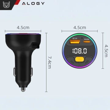 Transmiter samochodowy z Ładowarką Alogy PowerTune USB-A USB-C szybkie ładowanie PowerDelivery PD30W Quick Charge QC3.0 Czarny