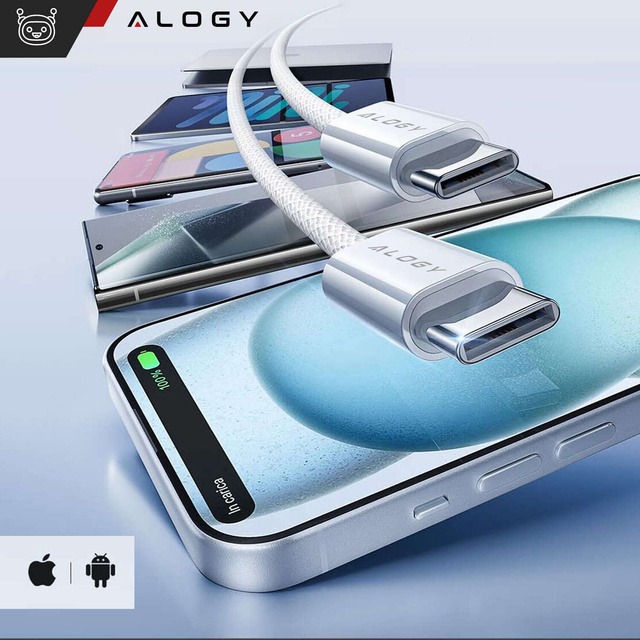 Kábel USB-C typu C silný rýchly PD 2M pre iPhone 15 Alogy nylonový kábel Biely