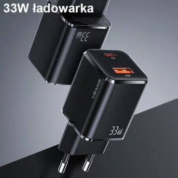 USAMS Wandladegerät 1xUSB-C 1xUSB T43 33W PD3.0 QC3.0 Kabel U63 USB-C zu Lightning schwarz/schwarz USKTZ01
