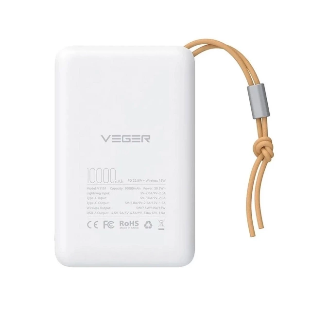 Powerbank Зовнішній акумулятор VEGER MagOn з Qi зарядкою для MagSafe 15W - 10 000mAh PD 22.5W білий (VP1151 / W1151)