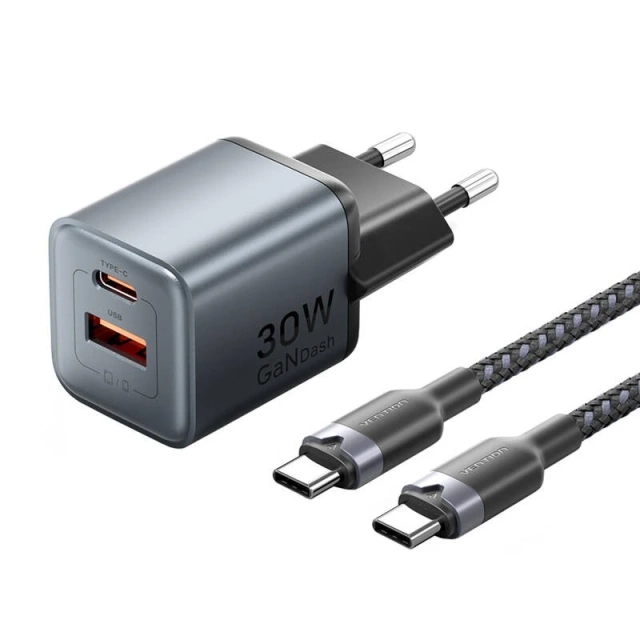 GaN Vention USB-C A Charger 30W USB-C to USB-C Cable 1m (Gray)