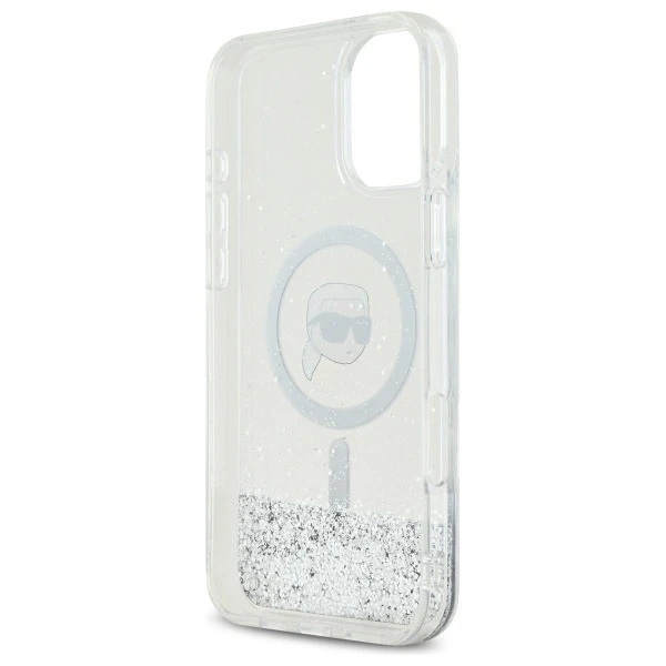 Etui Karl Lagerfeld für iPhone 16 6.1" Magsafe Hardcase Transparent Liquid Glitter Karl Head