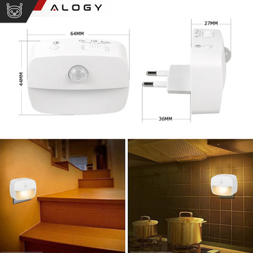 Світлодіодний нічник з датчиком руху для розетки EU, 3 кольори світла Alogy Night Light White