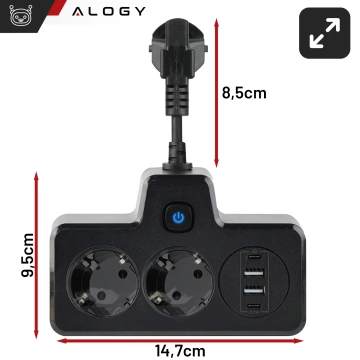 Alogy Plug Extender rozbočovač zásuvek rozbočovač adaptér prodlužovací kabel 2x EU zástrčka 2x USB 2x USB-C Černá