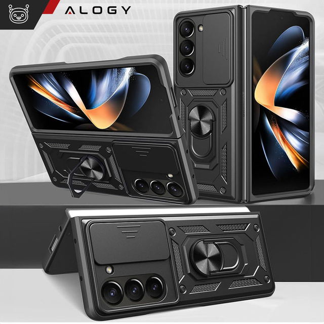 Obrnené puzdro pre Galaxy Z Fold 5 Camshield Case Ring Alogy Stand s posuvným krytom fotoaparátu, čierne