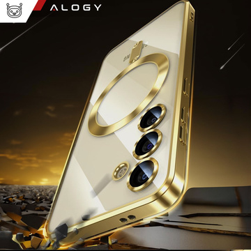 Pouzdro pro Samsung Galaxy S24 Mag Safe Glamour Case Ring pouzdro s ochranou fotoaparátu Alogy Gold transparentní
