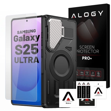 Etui do Samsung Galaxy S25 Ultra Case do MagSafe Wzmocniona Pancerna ochrona obiektywów z funkcją podstawki obudowa ochronna na telefon Alogy HeavyDuty Mag™️Czarne + SZKŁO HARTOWANE