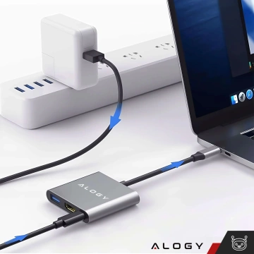 HUB 3v1 adaptér USB-C na HDMI USB-A USB-C 4K 60Hz Alogy sivá
