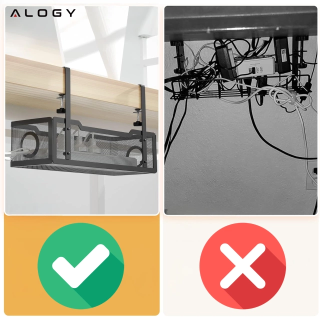 Cable organizer under the table top, cable shelf, wires, strip, metal desk, Alogy 34cm Black