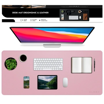 Desk pad 90×45 cm – anti-slip protective mat made of elegant PU eco-leather, for mouse and keyboard, stylish and durable – Alogy WorkMat™ Pink
