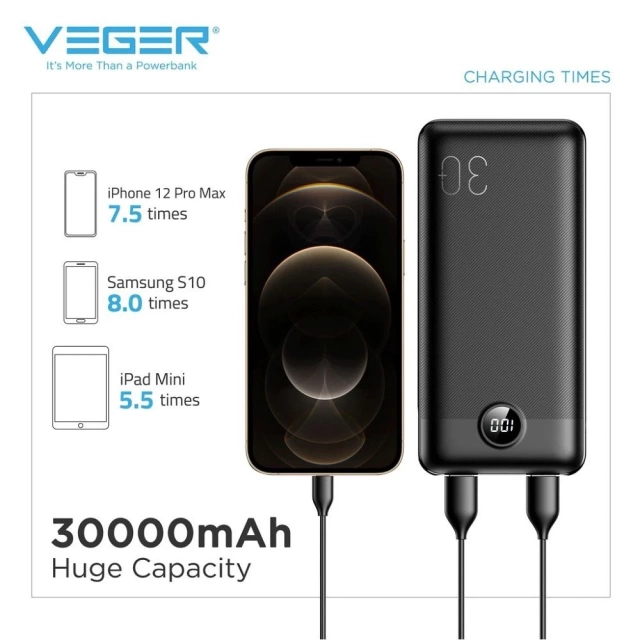 Powerbank External battery VEGER L30 - 30 000mAh LCD Quick Charge PD 20W black (W3008PD)