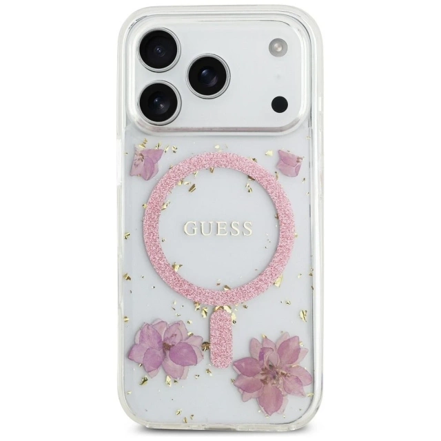 Etui Guess MagSafe do iPhone 17 Pro Resin Flowers Glitter Pink