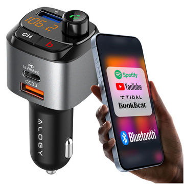 Alogy FM vysielač do auta USB nabíjačka QC 3.0 USB-C PD Bluetooth MP3 prehrávač 1m kábel USB-C do púzdra Lightning
