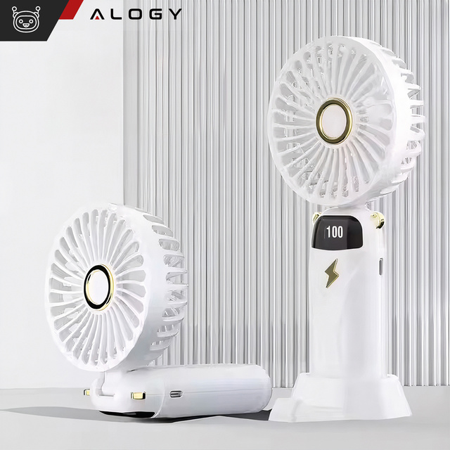 Ručný stolný ventilátor Alogy, bezdrôtový, prenosný, stojaci so stojanom na telefón, biely