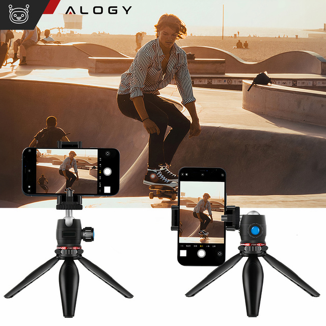 Uchwyt na telefon Alogy Mini Tripod Trójnóg Liginn do robienia zdjęć do telefonu kamery GoPro lampy ring 1/4 Czarny