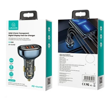 USAMS Nabíječka do auta 2xUSB 1xUSB-C 125W Fast Charge transparentní modrá CC158CC02 (US-CC158)