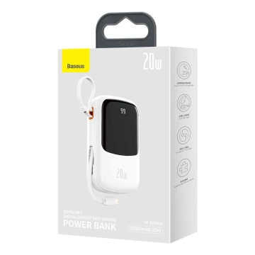 Powerbanka s rychlým nabíjením Baseus Qpow Digital Display 20000mAh 20W QC/PD/SCP/FCP s vestavěným Lightning kabelem bílá