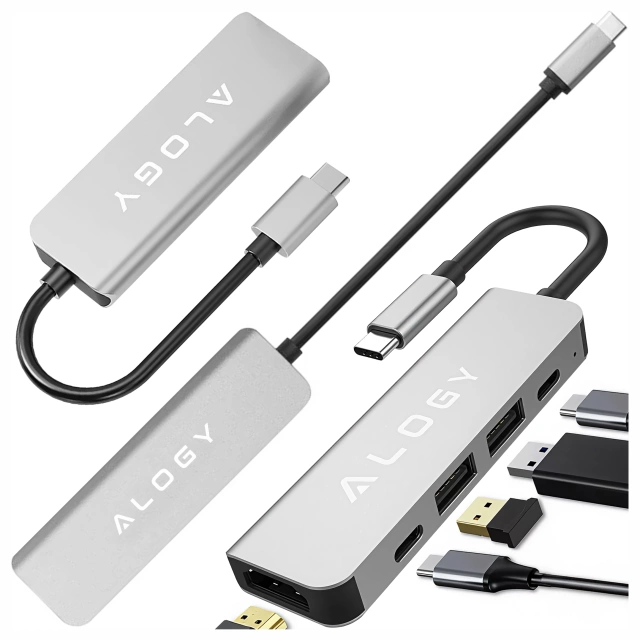 Hub 5w1 USB-C do USB-C PD100W, USB-C, USB.A 2.0, USB.A 3.0, HDMI 4K 30Hz / 1080p 60Hz – Alogy MultiHub™ Do Notebooka Laptopa