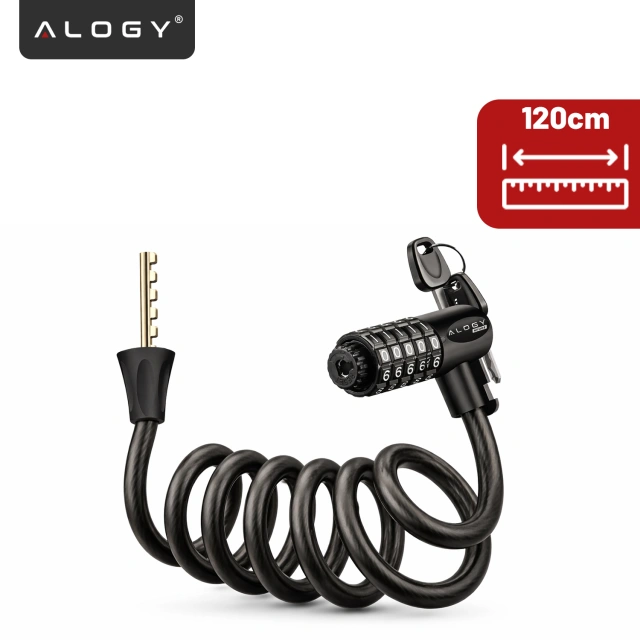 Bike lock, bike lock, strong cable, 120 cm, Alogy bike lock, code, key, black