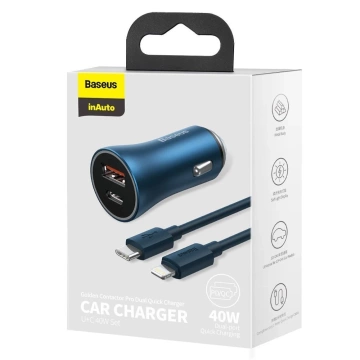 Baseus Golden Contactor Pro Fast USB Car Charger Type C / USB 40 W Power Delivery 3.0 Quick Charge 4 SCP FCP AFC USB Type C Cable - Lightning Blue (TZCCJD-03)