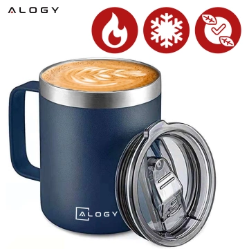 Thermobecher 420 ml mit Griffdeckel für Kaffee, Tee, kalte und warme Getränke aus Stahl, Alogy, Marineblau