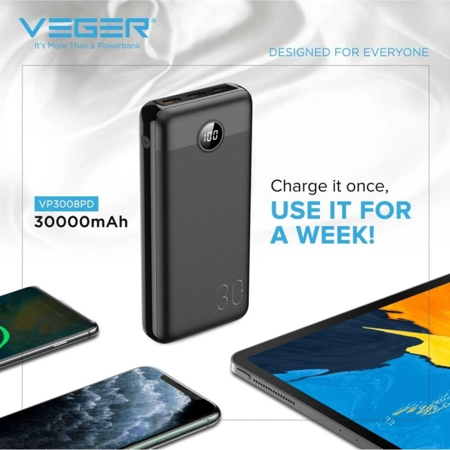 Powerbank External battery VEGER L30 - 30 000mAh LCD Quick Charge PD 20W black (W3008PD)
