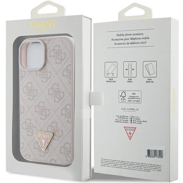 Etui Guess GUHCP15SP4TDPP na iPhone 15 6,1" różowy/růžové pevné pouzdro Leather 4G Triangle Strass