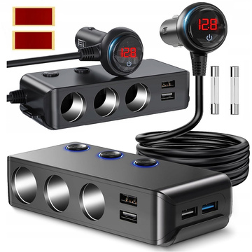 Rozbočovač zásuvky zapaľovača x3 do auta 4x USB QC 12-24V Nabíjačka Adaptér prepínač 120W Alogy Black