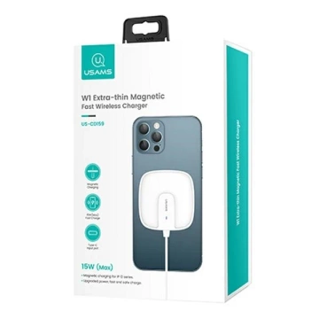 USAMS Indukční nabíječka US-CD159 magnetická W1 15W Extra tenký iPhone řady 12 bílá/bílá CD159DZ02