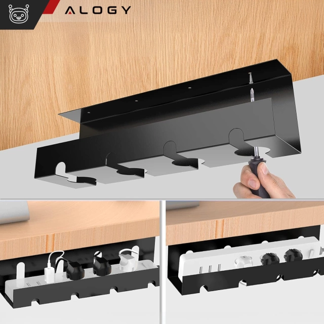 Organizér na káble pod dosku stola, polica na káble, káblové lišty, stolová doska, hliníkový držiak na stôl Alogy 40cm Čierna