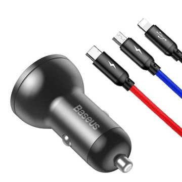 Baseus Car Charger 2x USB 4.8A 24W with LCD 3in1 Cable USB - USB Type C / micro USB / Lightning 1.2m black (TZCCBX-0G)