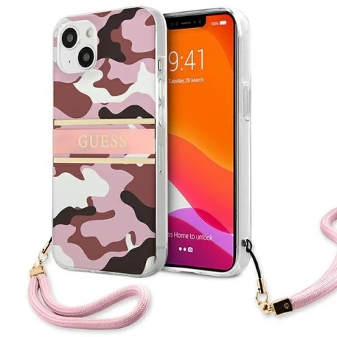 Guess GUHCP13SKCABPI iPhone 13 mini 5,4" różowy/ružové pevné puzdro Camo Strap Collection
