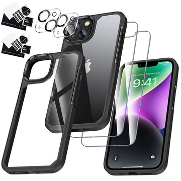 Etui Case do iPhone 14 + zestaw 4 szkieł 5w1 pancerne 360 Alogy Hybrid 2x Szkło na ekran +2x obiektyw czarno-przezroczyste